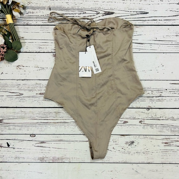 Zara Satin Effect Bustier Corset Bodysuit Beige Sweetheart champagne NWT - Picture 3 of 3